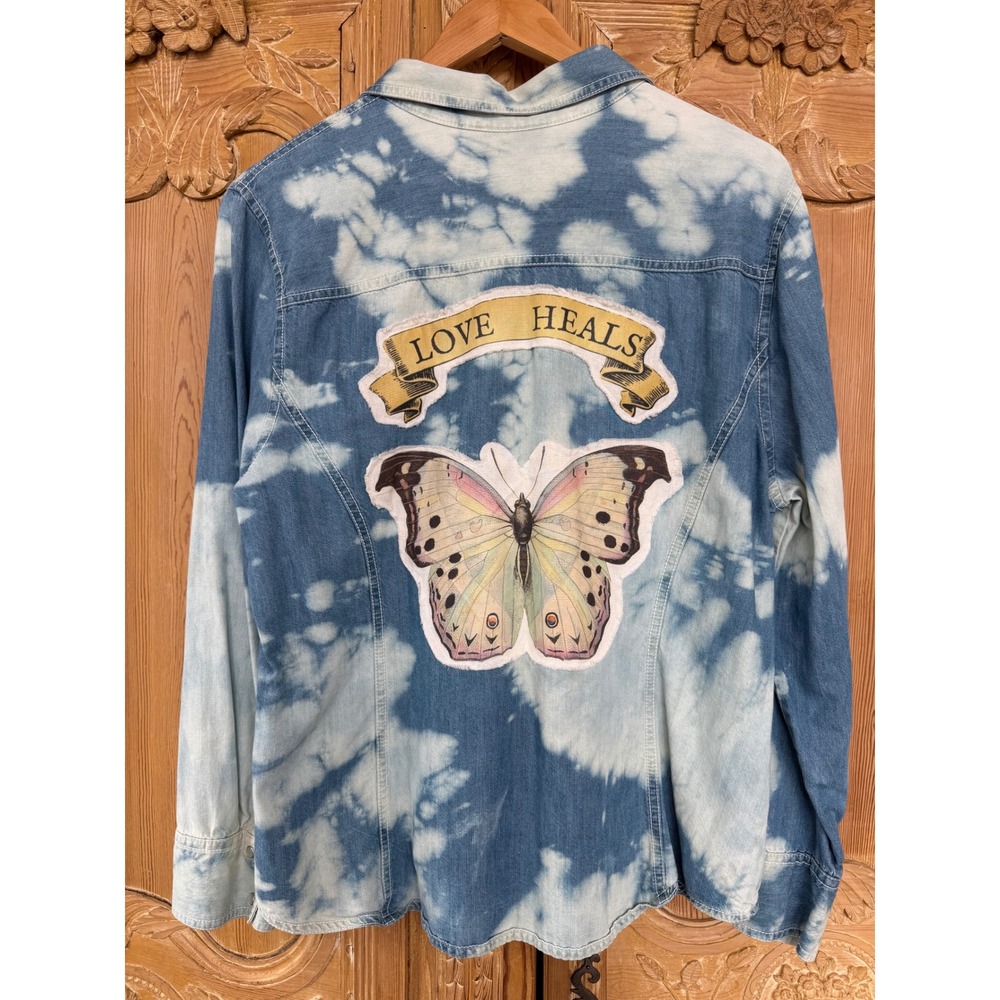 Love Heals Butterfly Denim Shirt XL – Upcycled Folk Art Pearl Snap